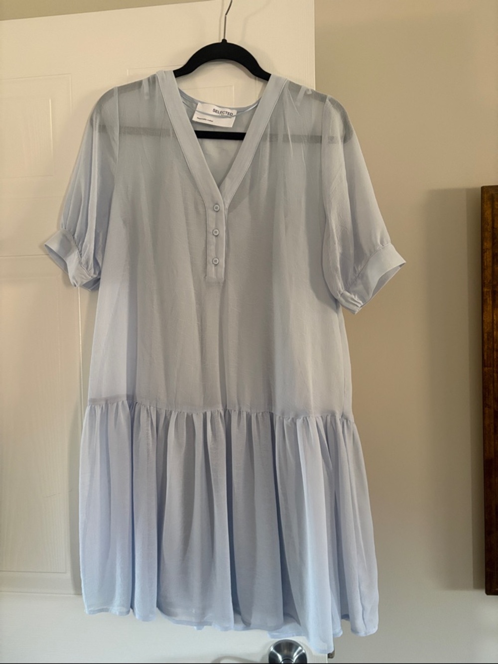 Light Blue Women's V-Neck Button Tiered Dress